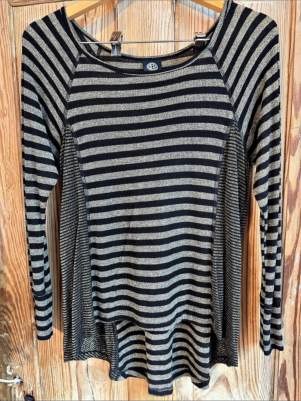 Bobeau Metallic Shimmer Black/Gold stripes Tunic Top Large